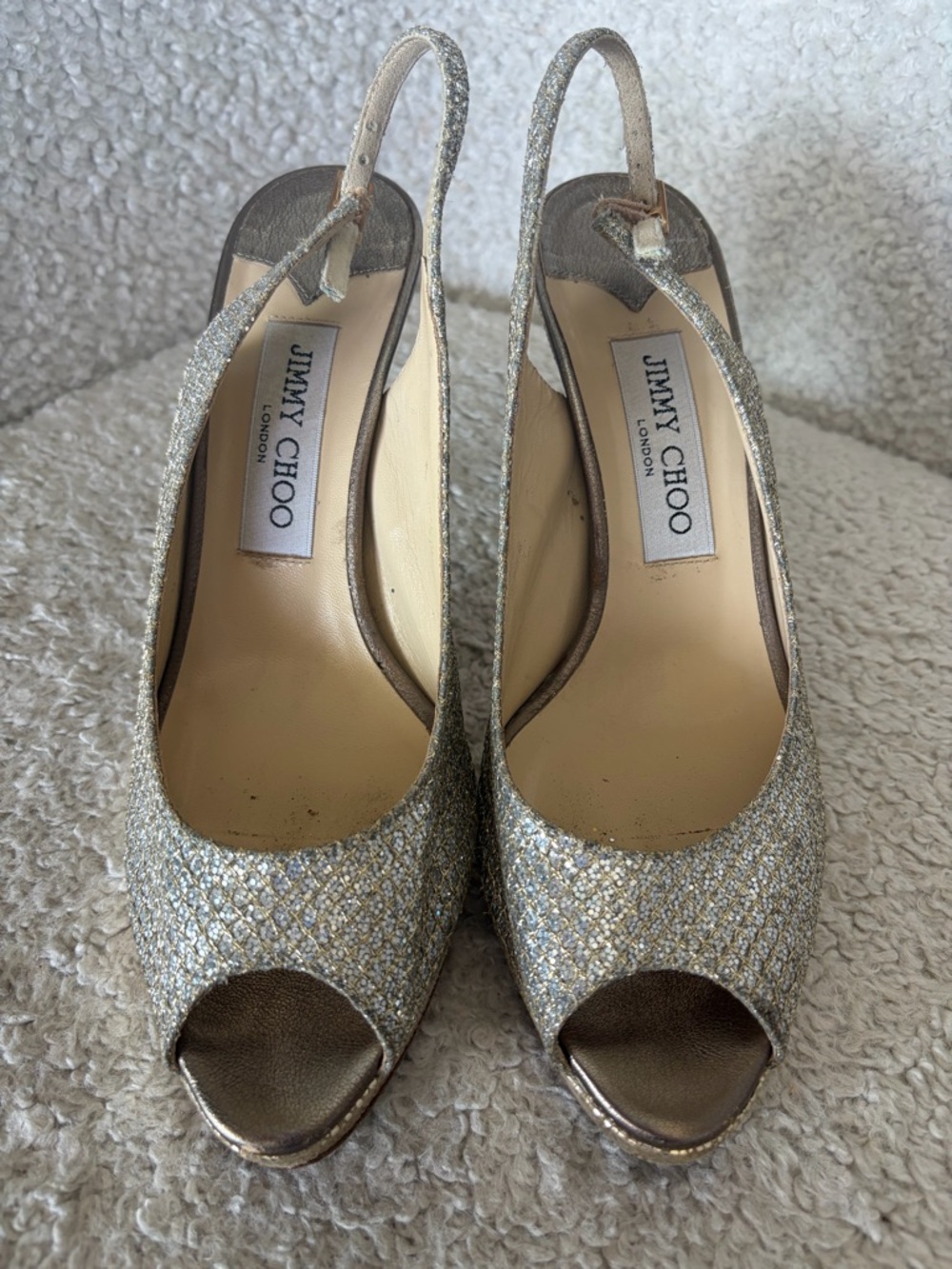 Jimmy Choo Metallic Gold Glitter Peep-Toe Slingback Heels